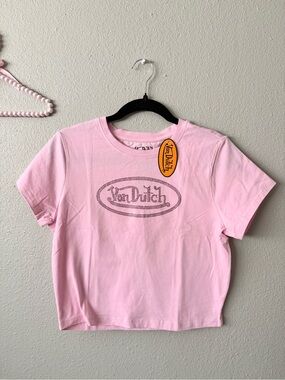 Von Dutch Pink Crop Tee with Rhinestone Logo